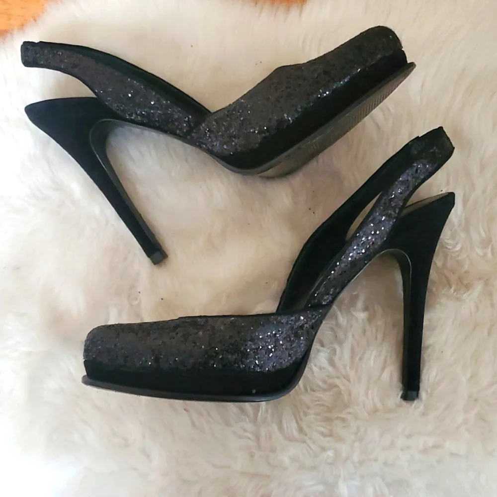 Diane Von Furstenberg DVF Black Sequin Slingback Stilletos Size 7M